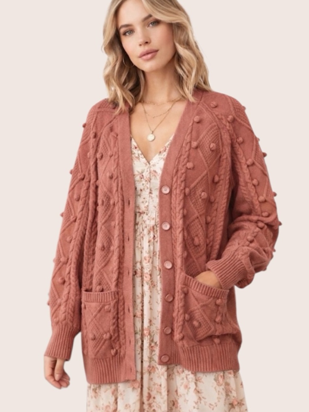 Jackson Rowe Bobble Cable Knit Cardigan Chunky Small Cozy Cottagecore Oversized